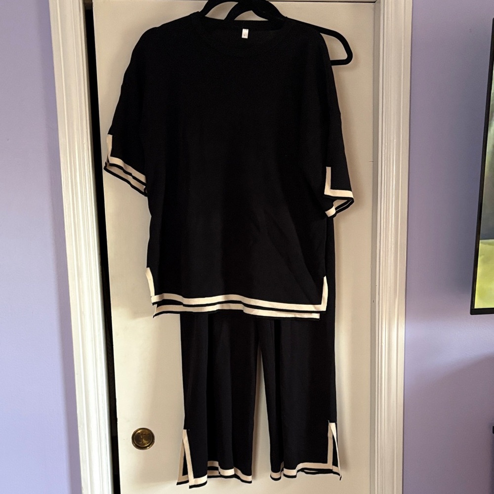 Black Sweater Set with Cream Stripe Detsils